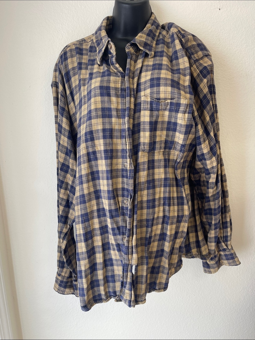 Basic Editions Navy and Tan Plaid Button-Down Shirt